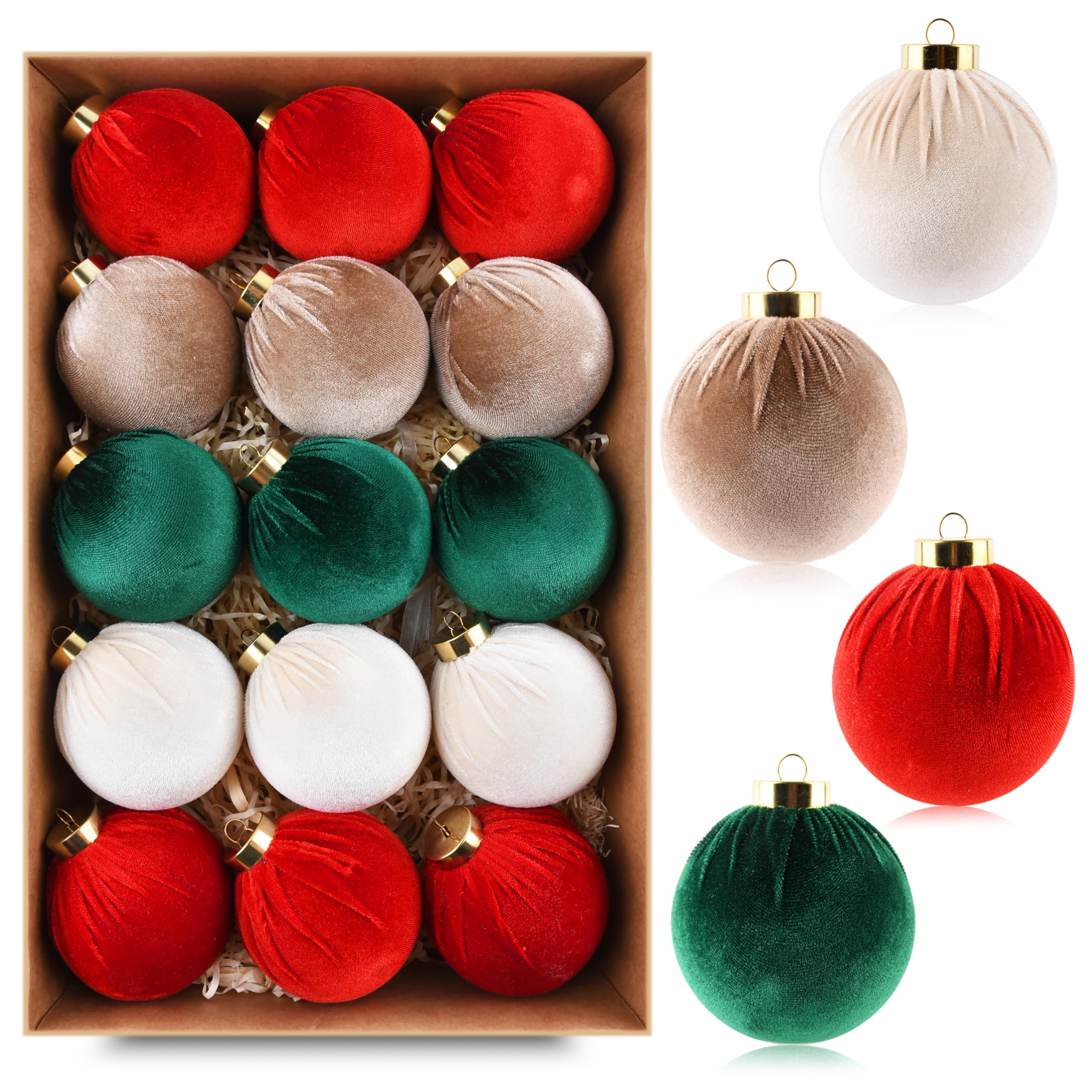 Brown Velvet Christmas Tree Ornaments - 15pcs Shatterproof Christmas Balls for Xmas Trees Decorations - Multicolor Brown Neutral Beige, 80mm 3.15inch